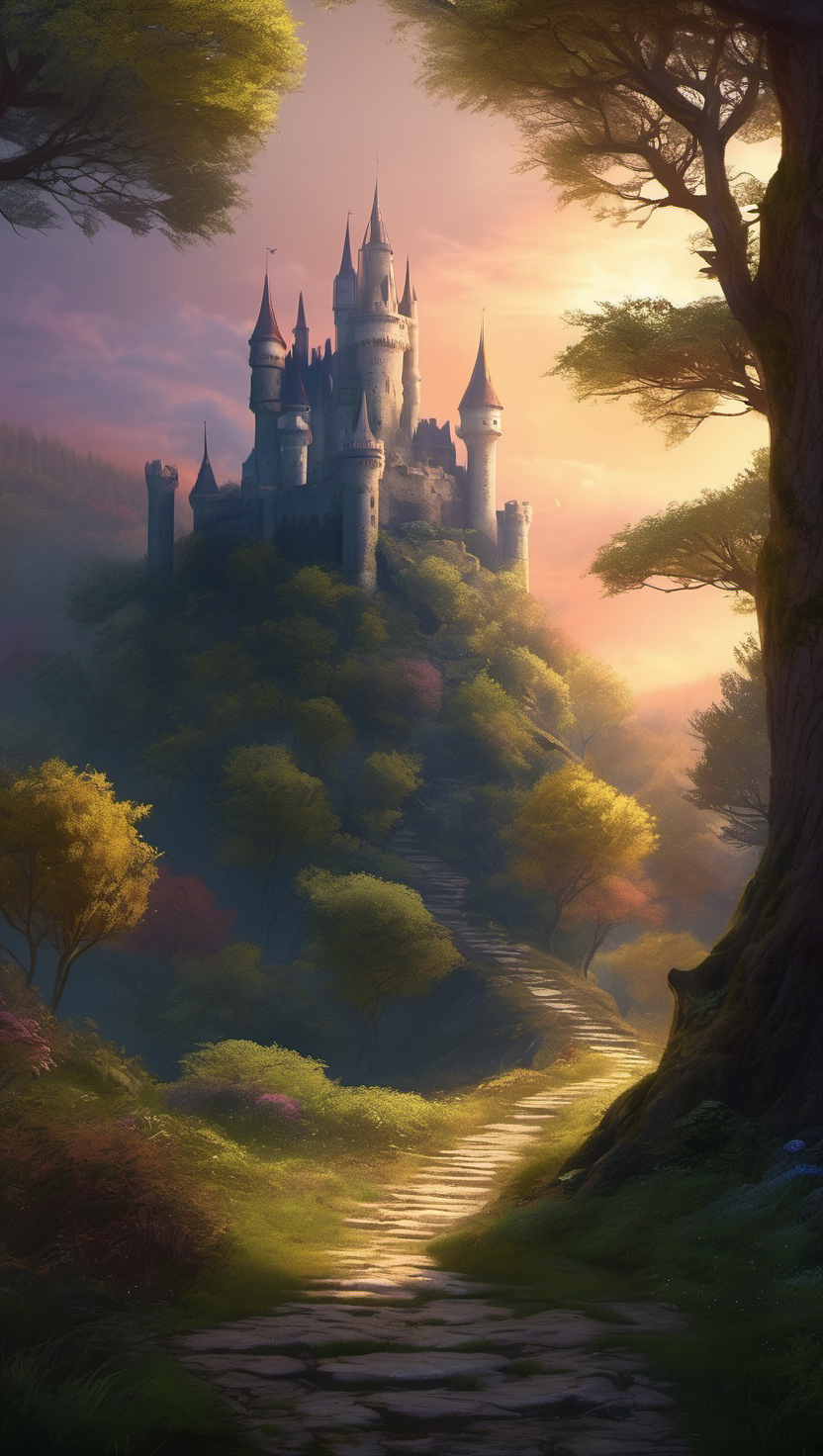 신비로운 성으로 이끄는 황혼의 오솔길, 성, Castle, 동화, Fairytale, 황혼, Twilight