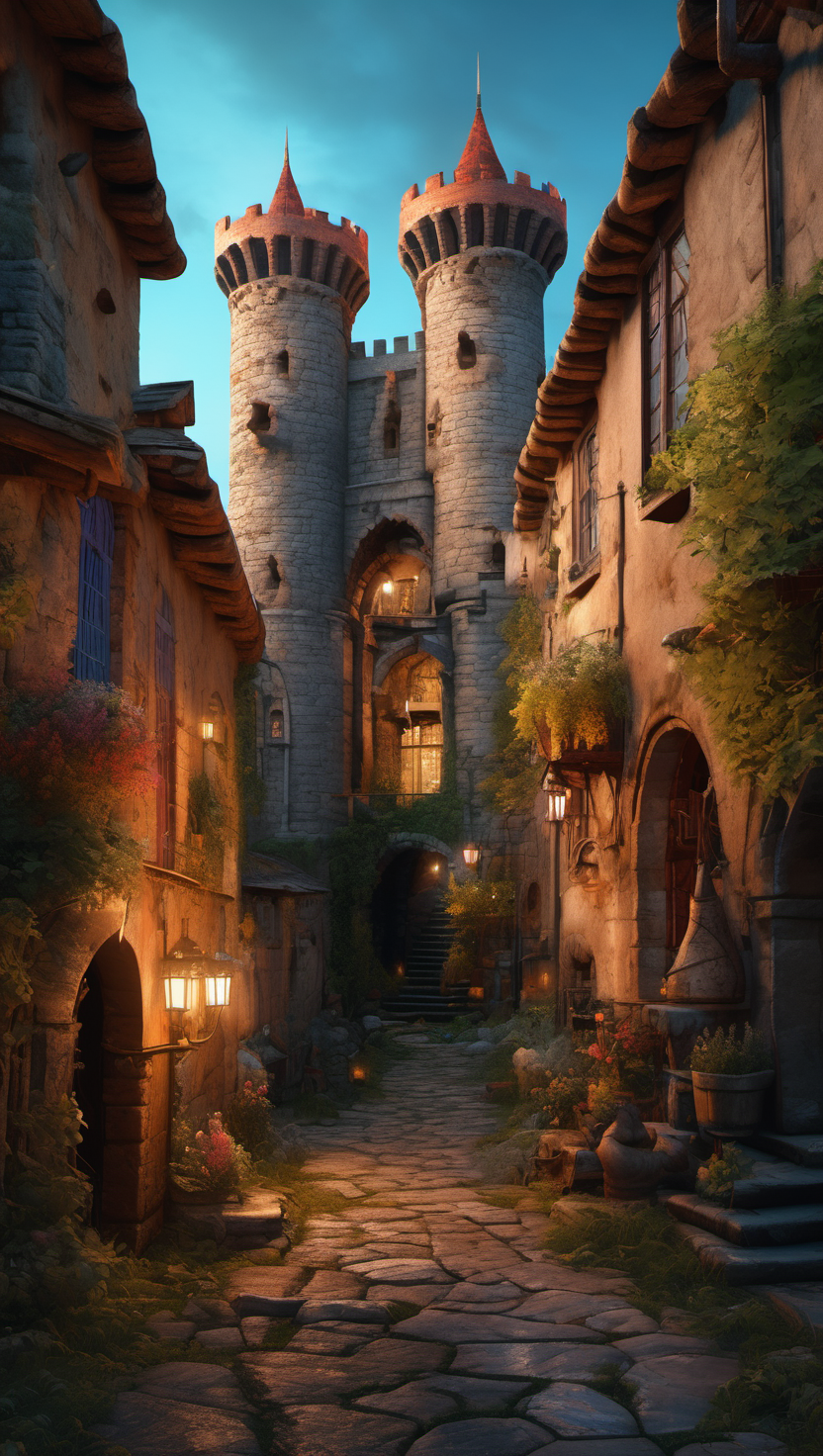 동화 속 성곽 마을 골목길, 성곽, 골목길, 중세, 환상, 등불, 동화