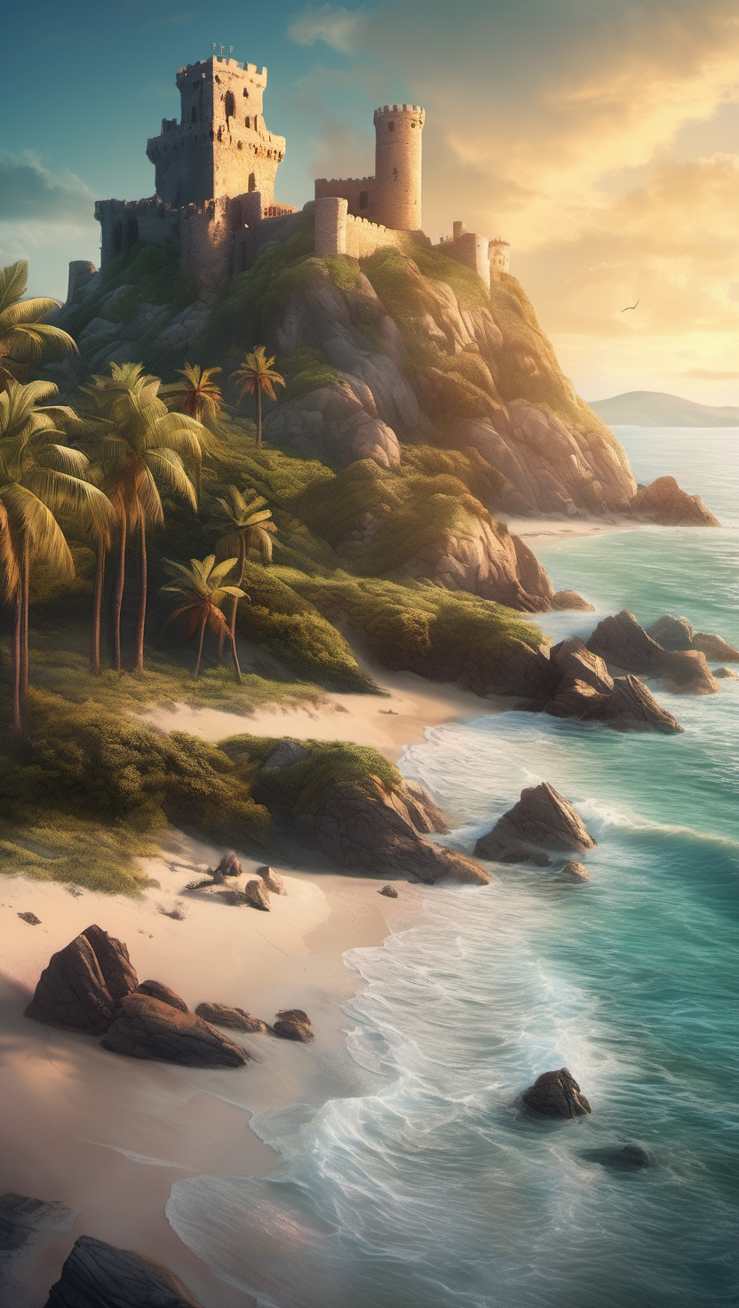 노을빛 해안 절벽의 고대 성, 성, 해변, 노을, 절벽, 열대, 바다