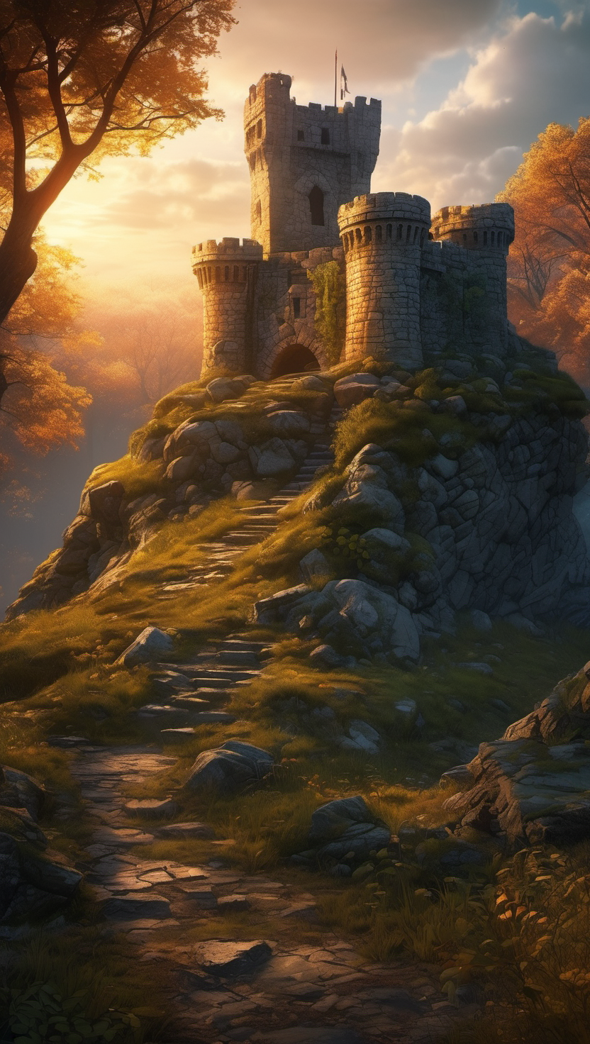 황금빛 노을 속 신비로운 고성, 고성, 석양, 가을, Fantasy, Mystical, 성곽