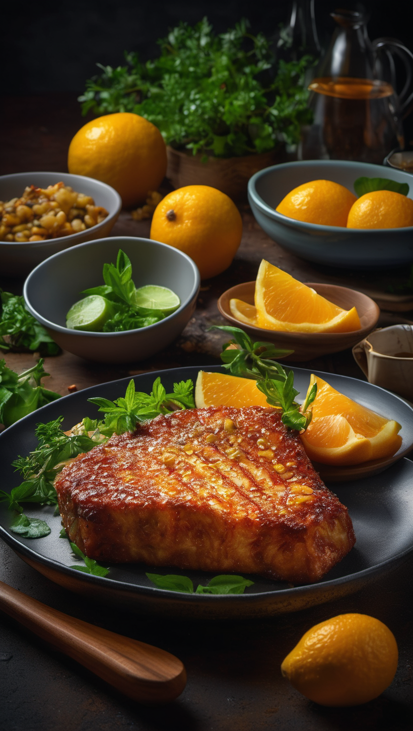 시트러스 허브를 곁들인 구운 생선 스테이크, Grilled fish, Healthy food, Citrus, Fresh herbs, Seafood meal, 오렌지