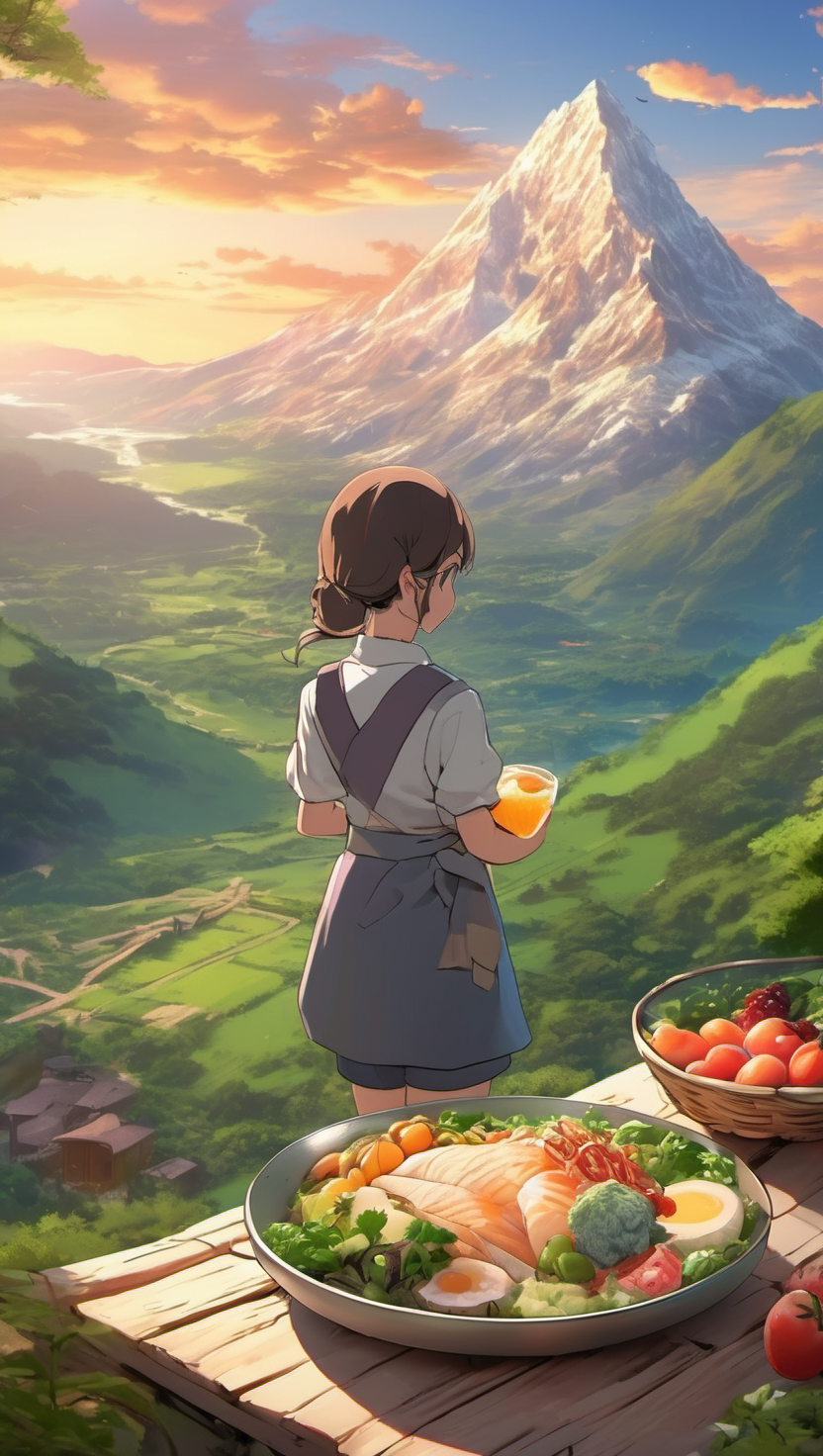 산봉우리 경치와 건강한 식탁, 애니메이션, 산풍경, 건강식, 평화로운, 소녀, 석양