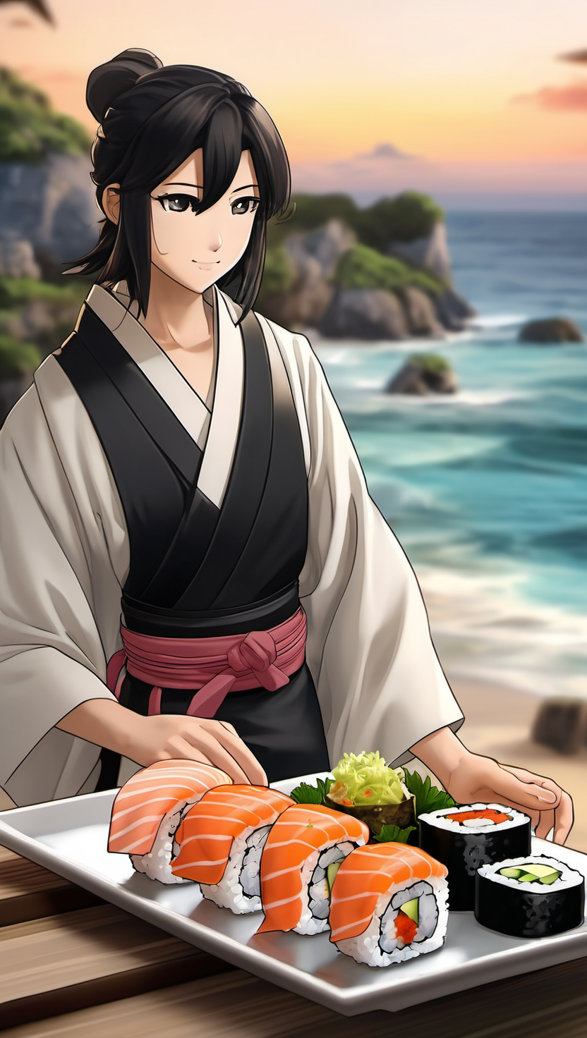 아름다운 해변을 배경으로 한 스시 만찬, 초밥, 스시, 연어, 일식, 해변, 일몰