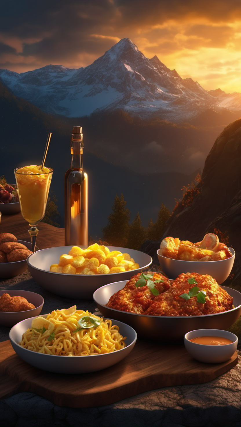 장엄한 산맥에서의 야외 만찬, 산맥, 노을, 야외 만찬, 풍성한 음식, 웅장한 자연, Food
