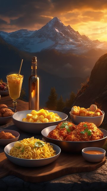 장엄한 산맥에서의 야외 만찬