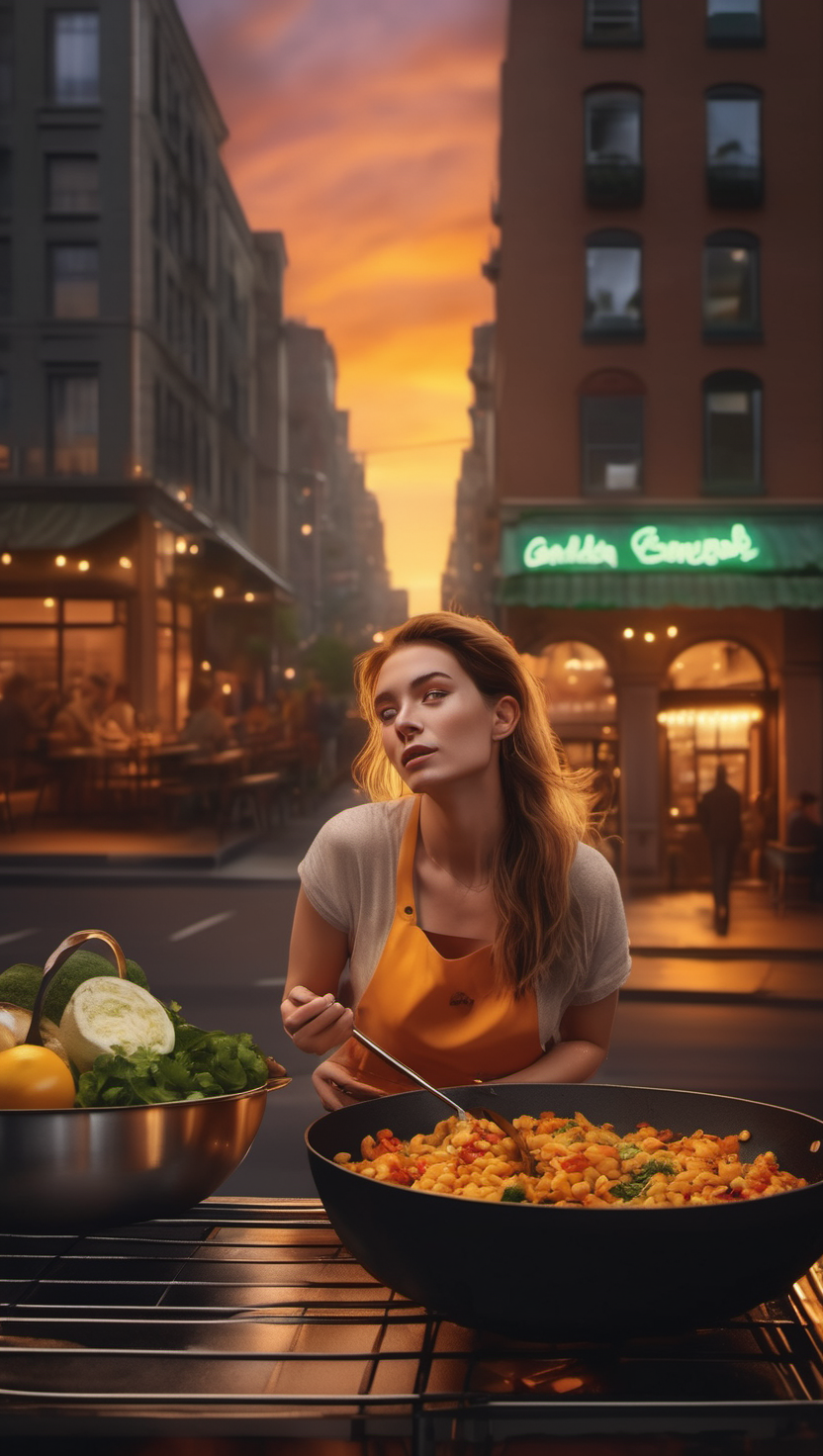 노을 진 도시의 야외 요리, 야외 요리, 도시, 석양, Chef, 여성, 파스타