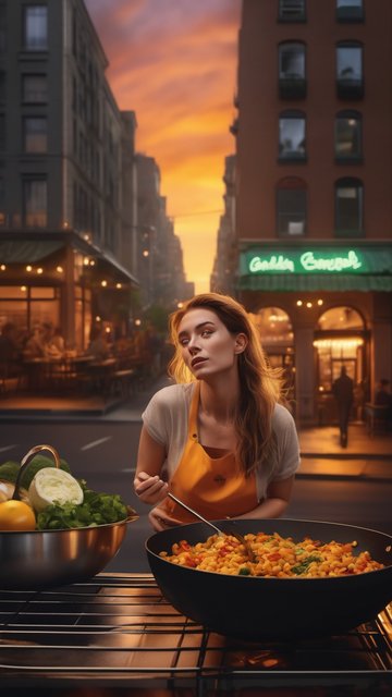 노을 진 도시의 야외 요리