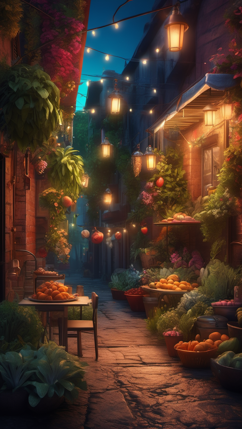불빛 가득한 골목길의 밤 시장, 골목길, 야경, 등불, 시장 풍경, 식물, 과일