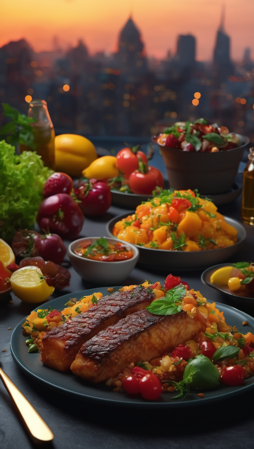 석양 야경 속 건강한 연어 만찬, 연어 스테이크, 건강식, 석양, 도시 야경, Mediterranean food, 신선한 야채