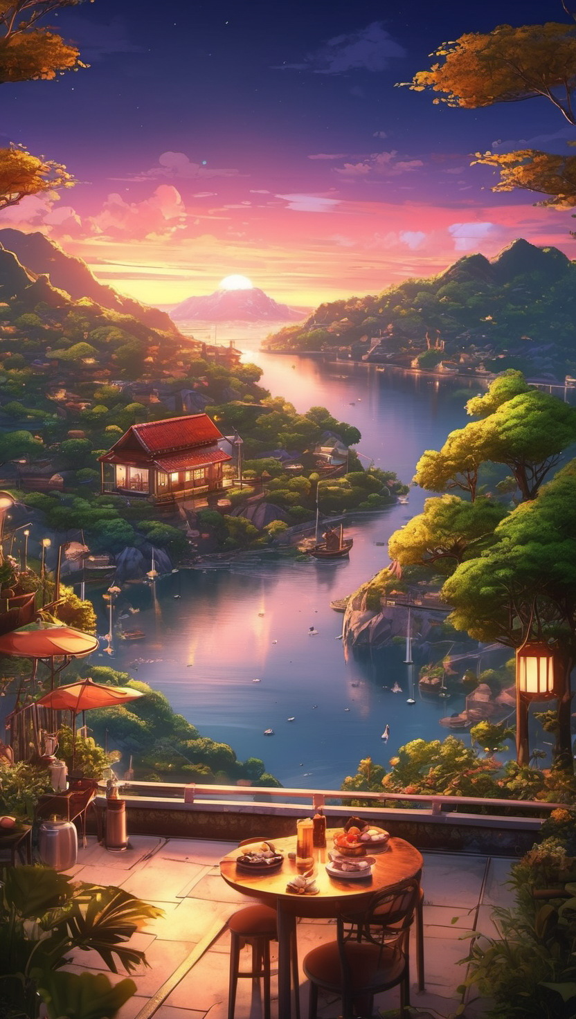 선셋 강변 테라스의 고요한 저녁, sunset, 강변, 테라스, 풍경, 평화, 애니메이션