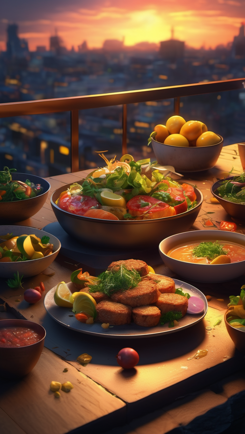 아름다운 노을 아래 풍성한 식탁, 일몰, 도시 풍경, 만찬, 신선한 음식, 샐러드, 수프