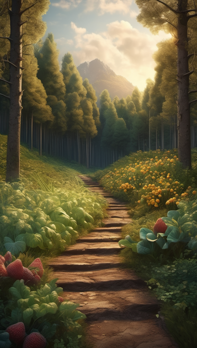 황금빛 햇살 속 숲길, 숲길, 자연, 햇살, Wildflowers, 딸기, 산