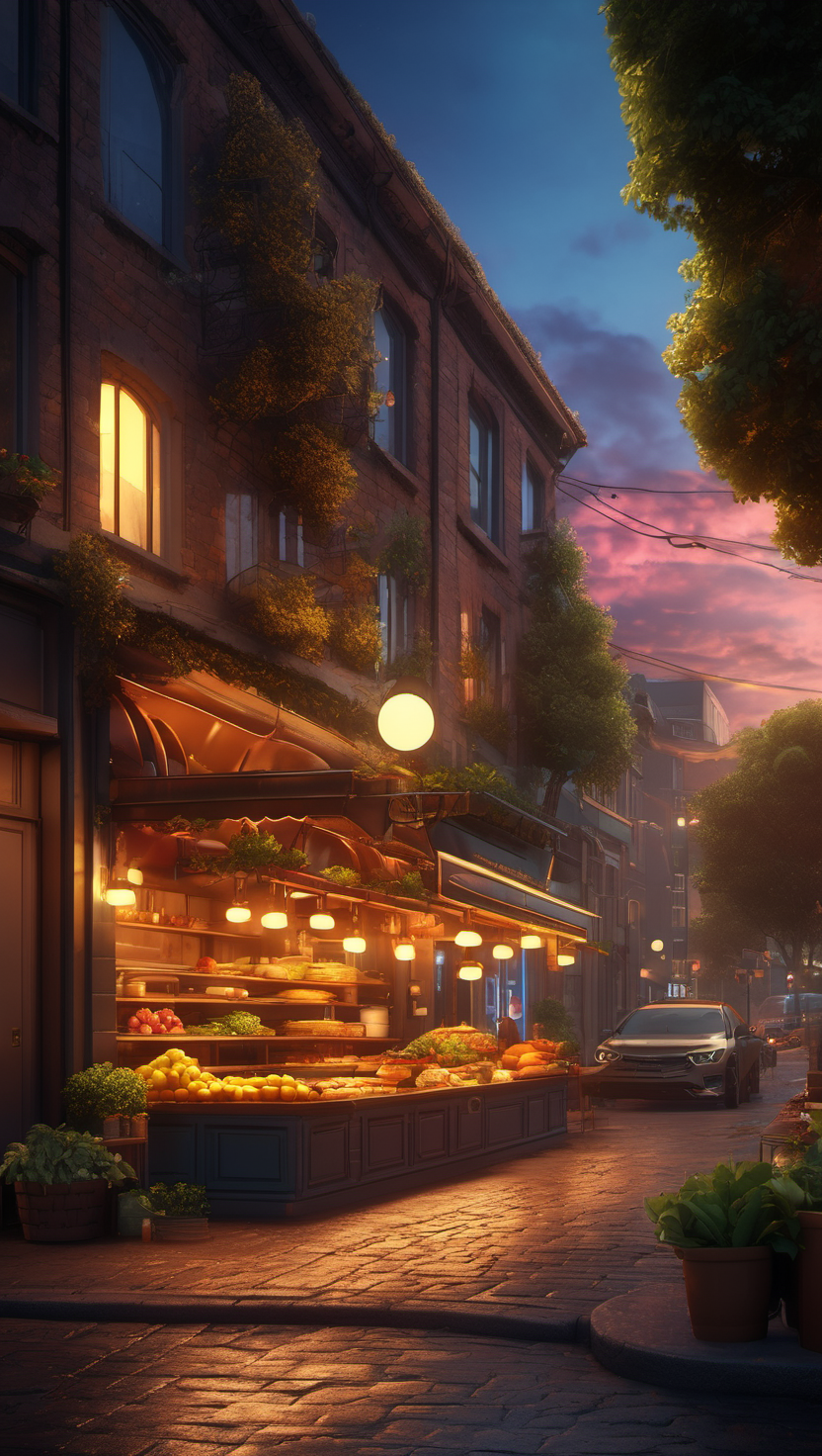황혼이 아름다운 골목의 아늑한 상점, 저녁, 황혼, 식료품점, 유럽풍, 골목, 따뜻한 빛