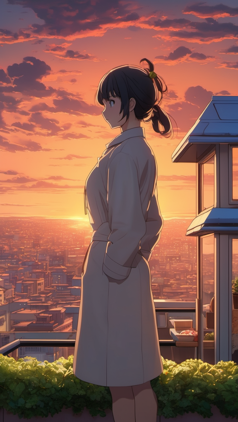 황혼 도시 풍경과 애니메이션 소녀, 애니메이션, 소녀, 노을, 석양, 도시 풍경, 루프탑