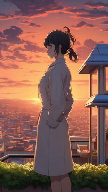 황혼 도시 풍경과 애니메이션 소녀