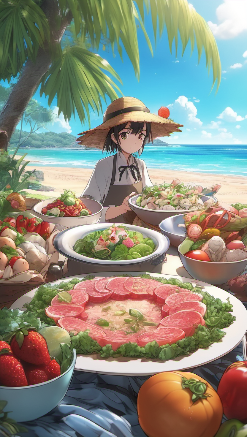 해변의 풍성한 식탁과 소녀, 해변, 피크닉, 소녀, 여름, 풍성한식탁, 신선한음식