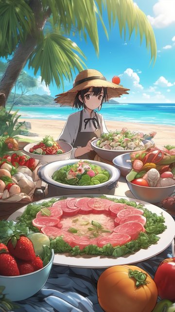 해변의 풍성한 식탁과 소녀
