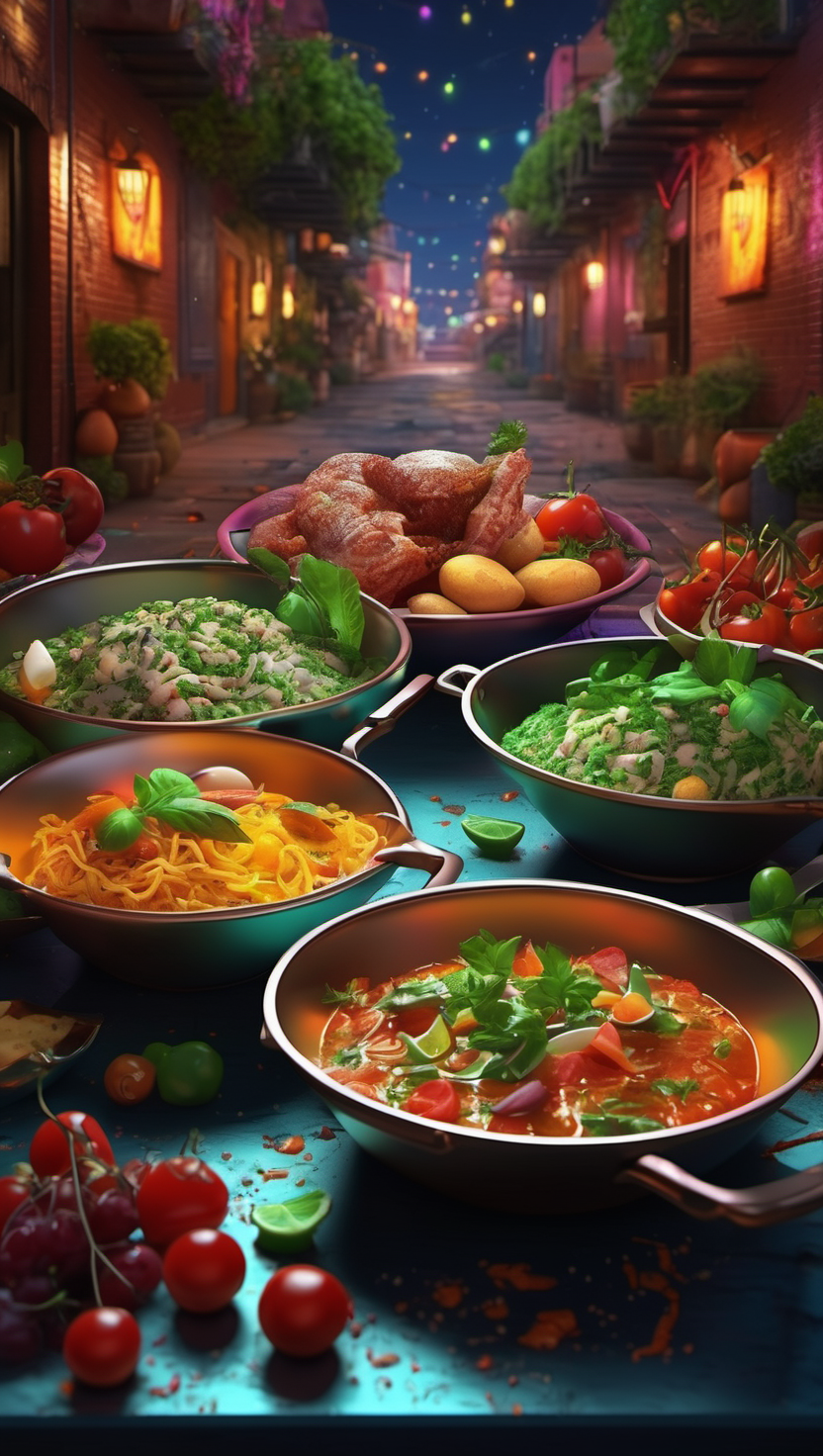 풍성한 밤의 길거리 음식 향연, 길거리 음식, 야간 풍경, 다채로운 요리, 축제 분위기, 푸드 페스티벌, 튀김