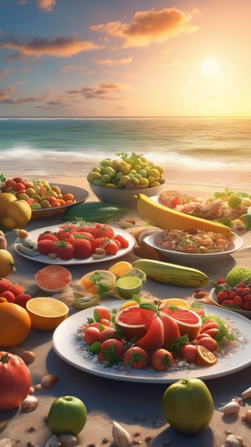 석양 해변의 풍성한 건강 과일 만찬