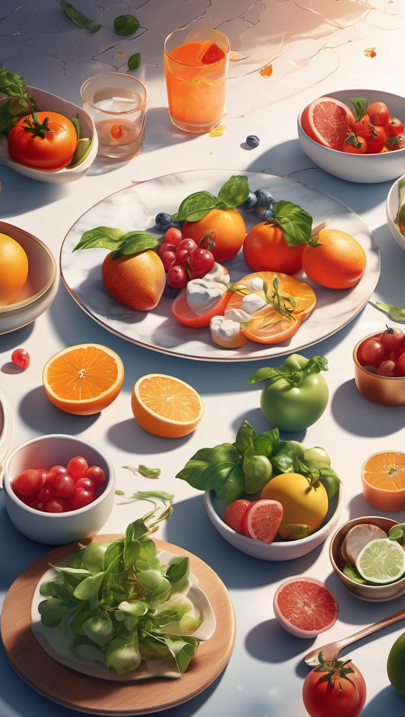 신선한 과일과 채소로 가득한 건강한 식탁, 신선한 과일, 신선한 채소, 건강식, 비건, 오렌지, 토마토