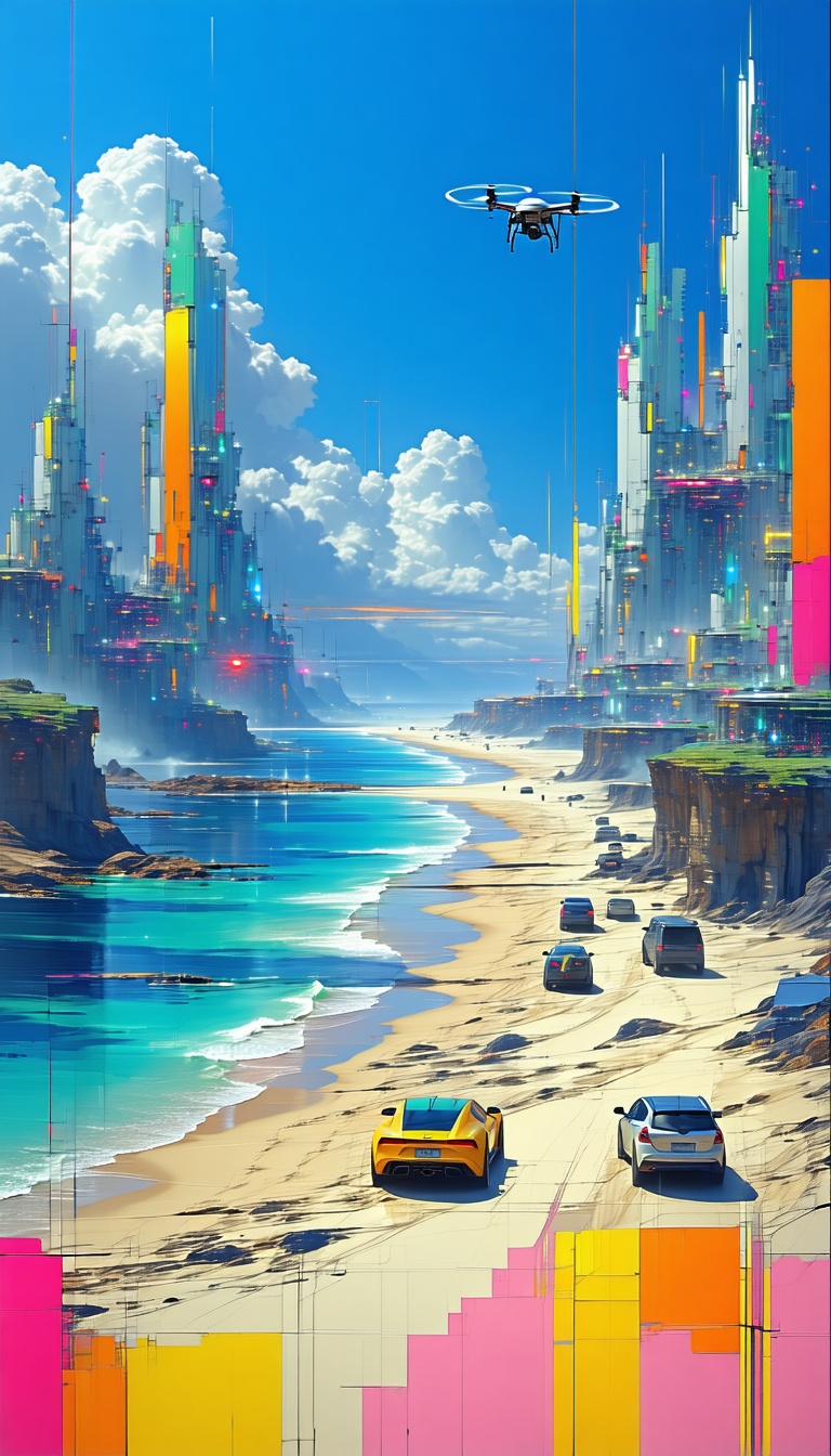 미래 해변 도시 풍경, 미래도시, 해변, 자동차, 드론, 디지털아트, 일러스트