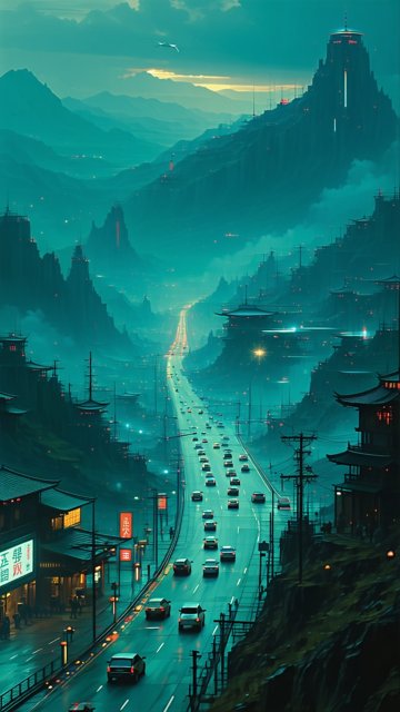 미래 도시의 야경 도로