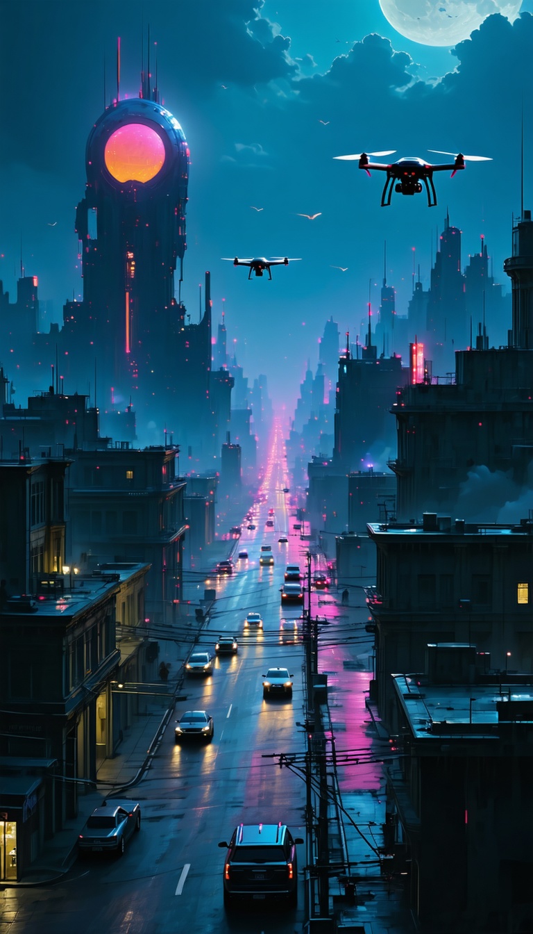 밤의 미래도시 거리 풍경, 미래도시, 밤 풍경, 네온, 드론, 디지털 아트, SF