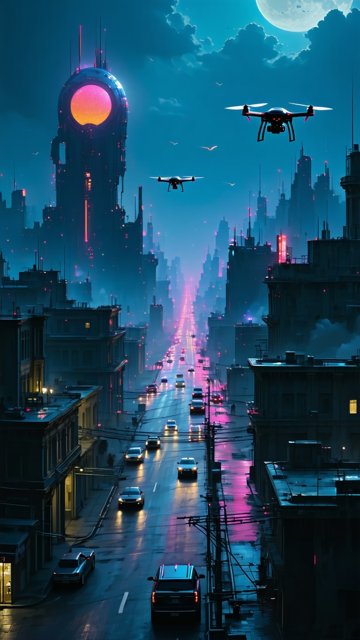 밤의 미래도시 거리 풍경