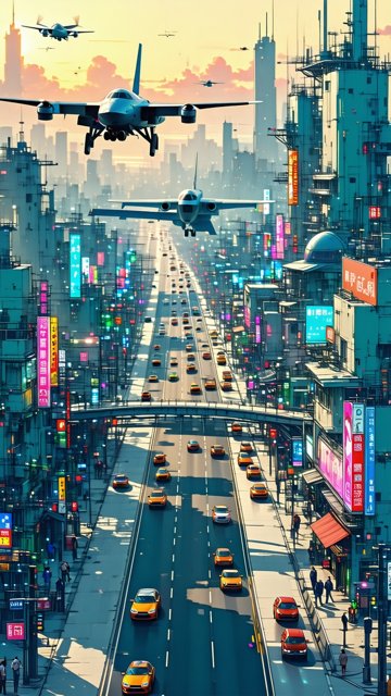 미래 도시의 활기찬 풍경