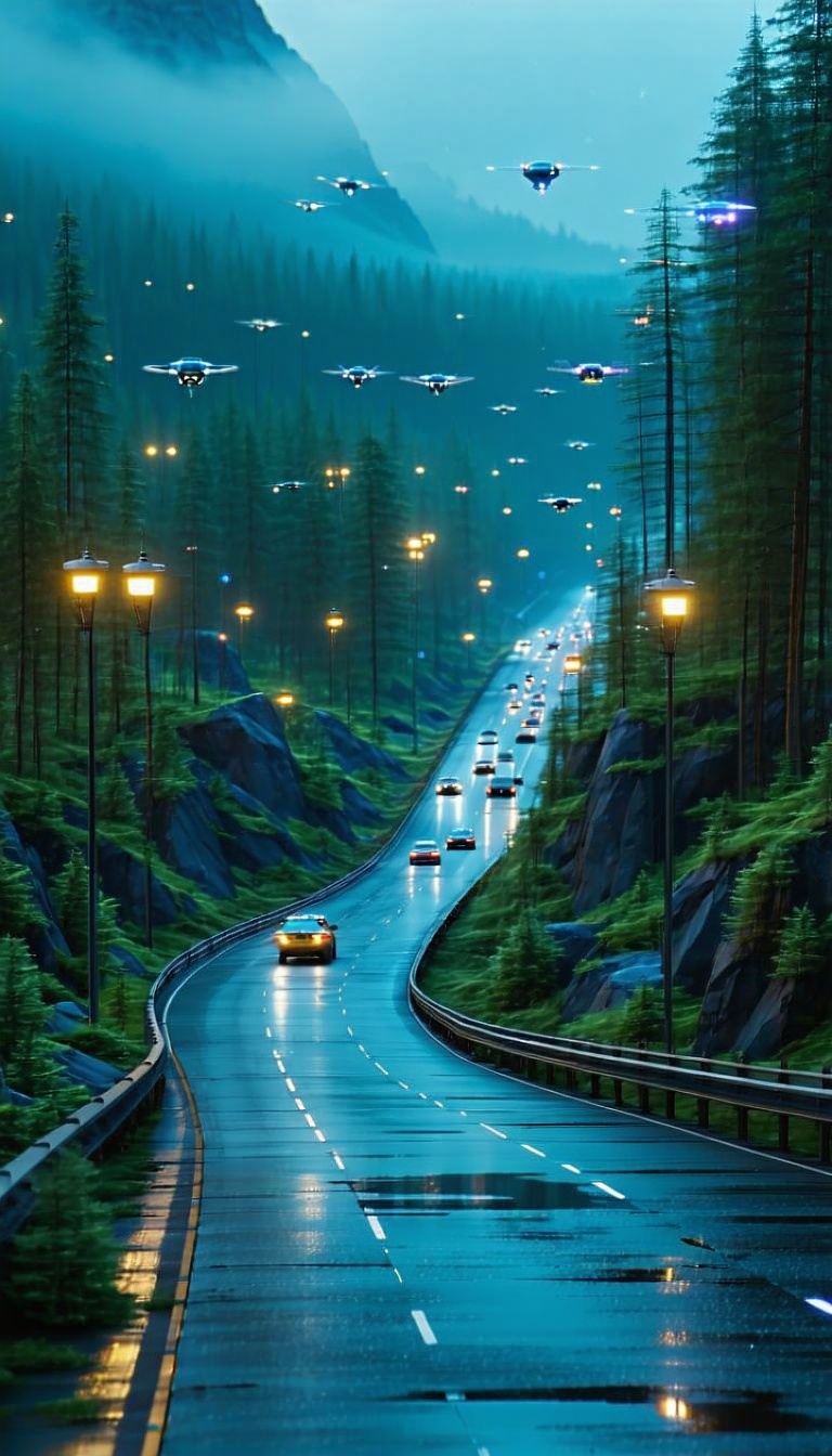 미래도시의 밤, 드론과 자동차, 미래도시, 밤, 드론, 자동차, 고속도로, 빗길