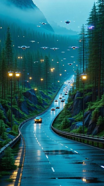 미래도시의 밤, 드론과 자동차