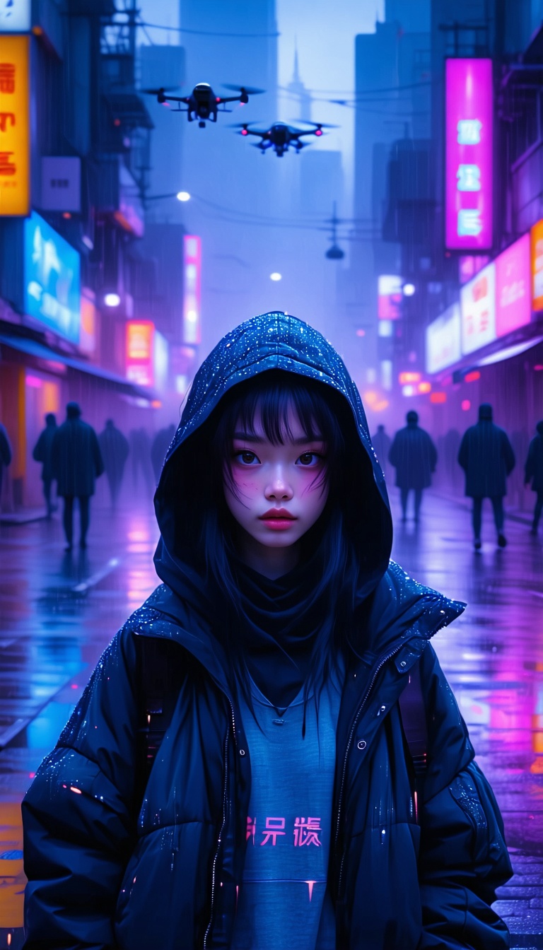 비 오는 네온 거리의 소녀, 디지털 아트, 일러스트, 소녀, 도시, 밤, 비