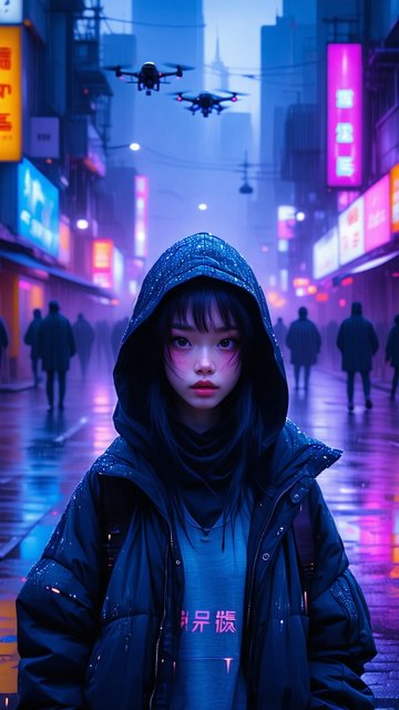 비 오는 네온 거리의 소녀