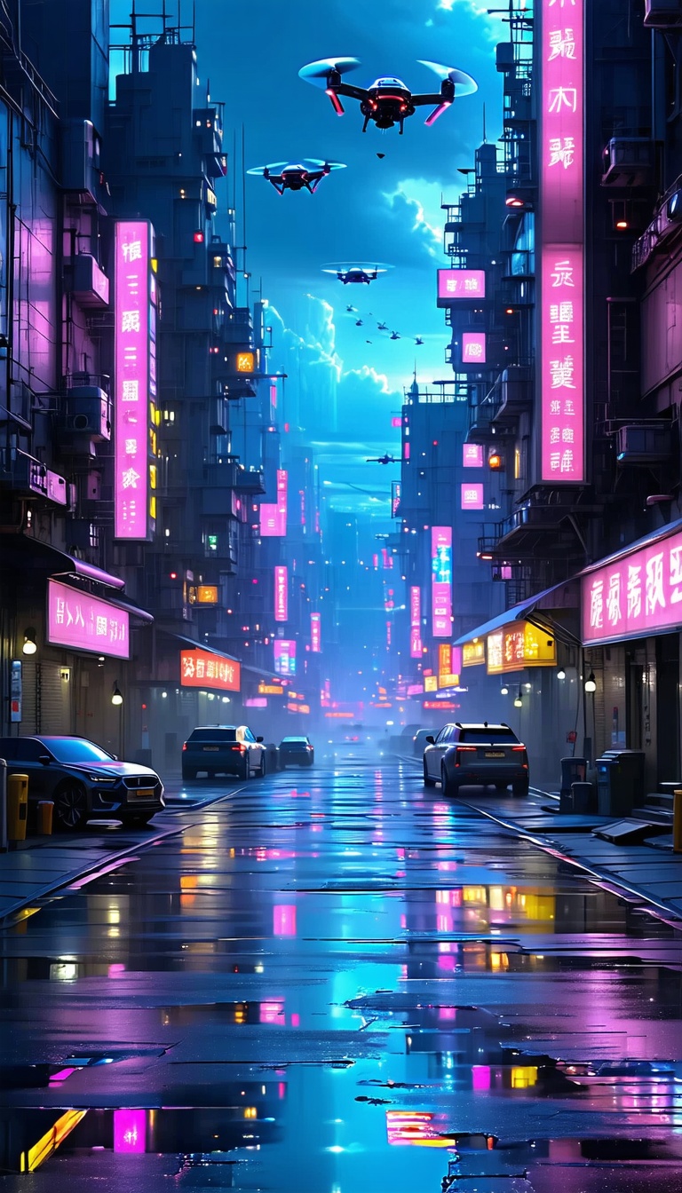 비오는 날의 사이버펑크 도시, 사이버펑크, 네온, 도시, 비, 밤, 드론