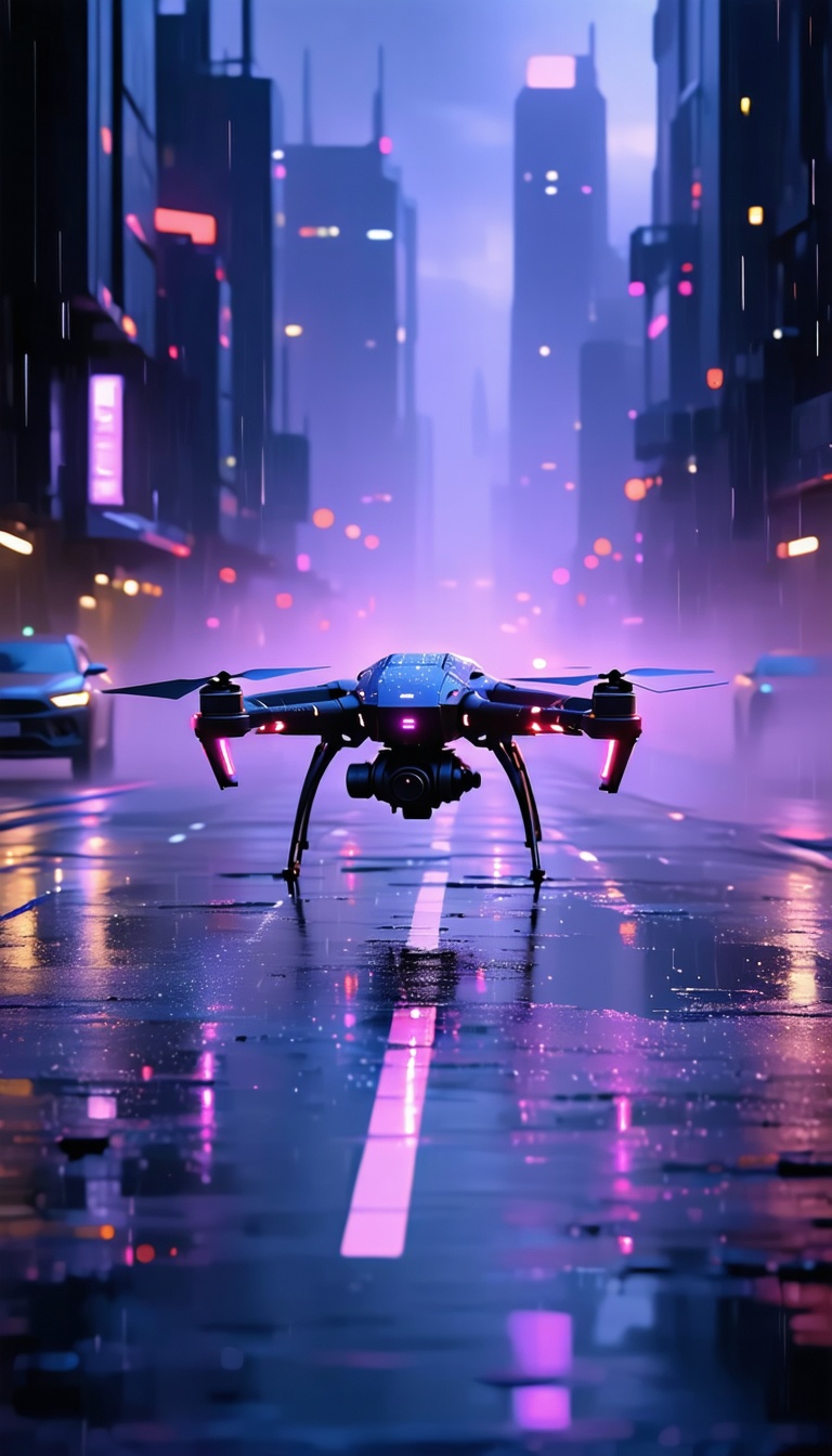 도시의 밤, 드론 비행, 드론, 미래도시, 밤, 비, 네온, 디지털아트