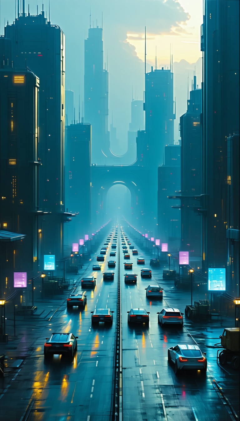 미래도시의 야경과 고속도로, 미래도시, 야경, 고속도로, 디지털아트, SF, Sci-fi city