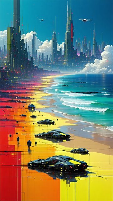 미래 도시 해변의 풍경