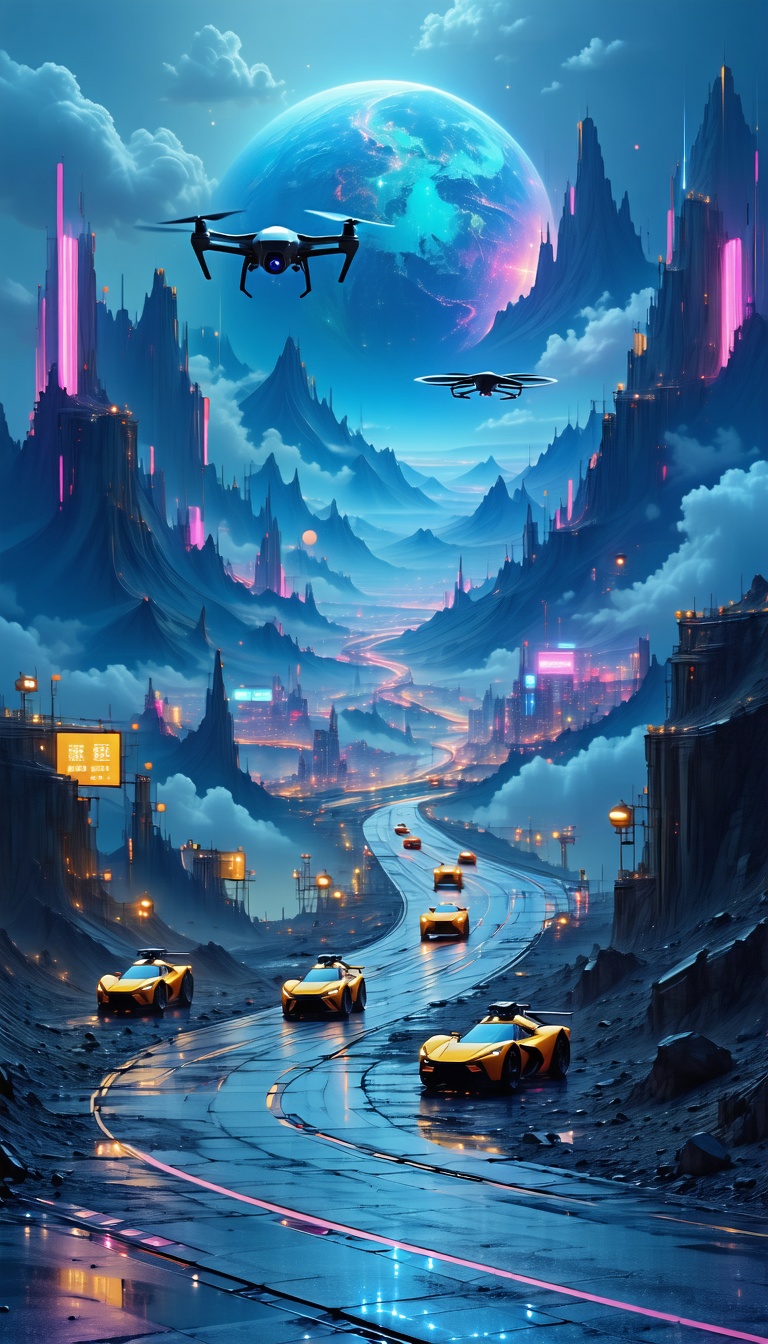 미래 도시의 야경과 드론, 미래도시, 야경, 드론, 스포츠카, 고속도로, 산악