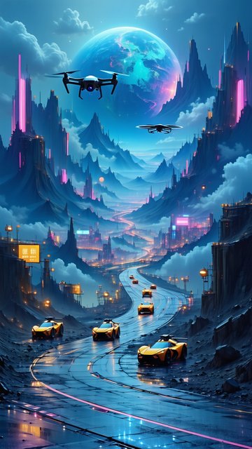 미래 도시의 야경과 드론