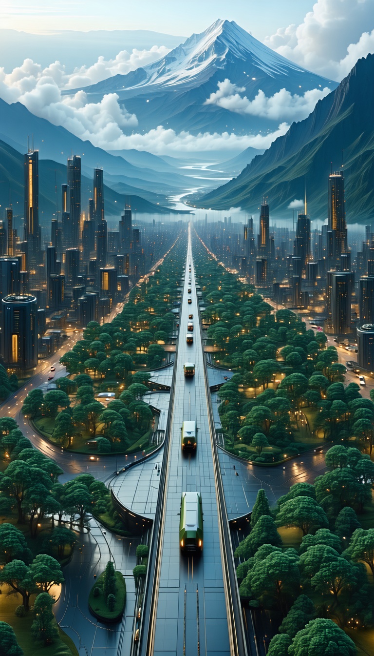 미래 도시와 설산의 조화, 미래도시, futuristic city, 산, mountain, 자연, nature
