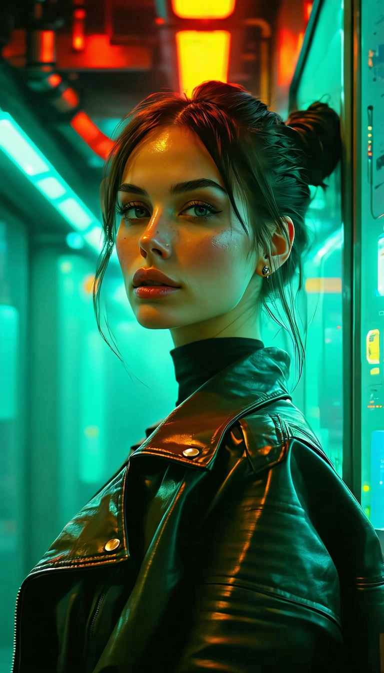 네온빛 거리의 여성, 네온, 도시, 여성, 레더 재킷, 밤, Cyberpunk