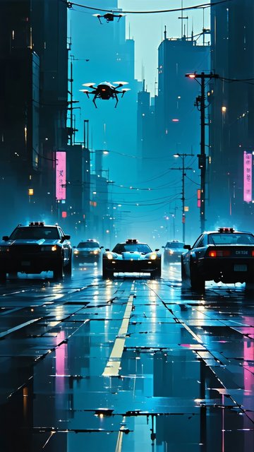 비오는 날의 미래도시 풍경