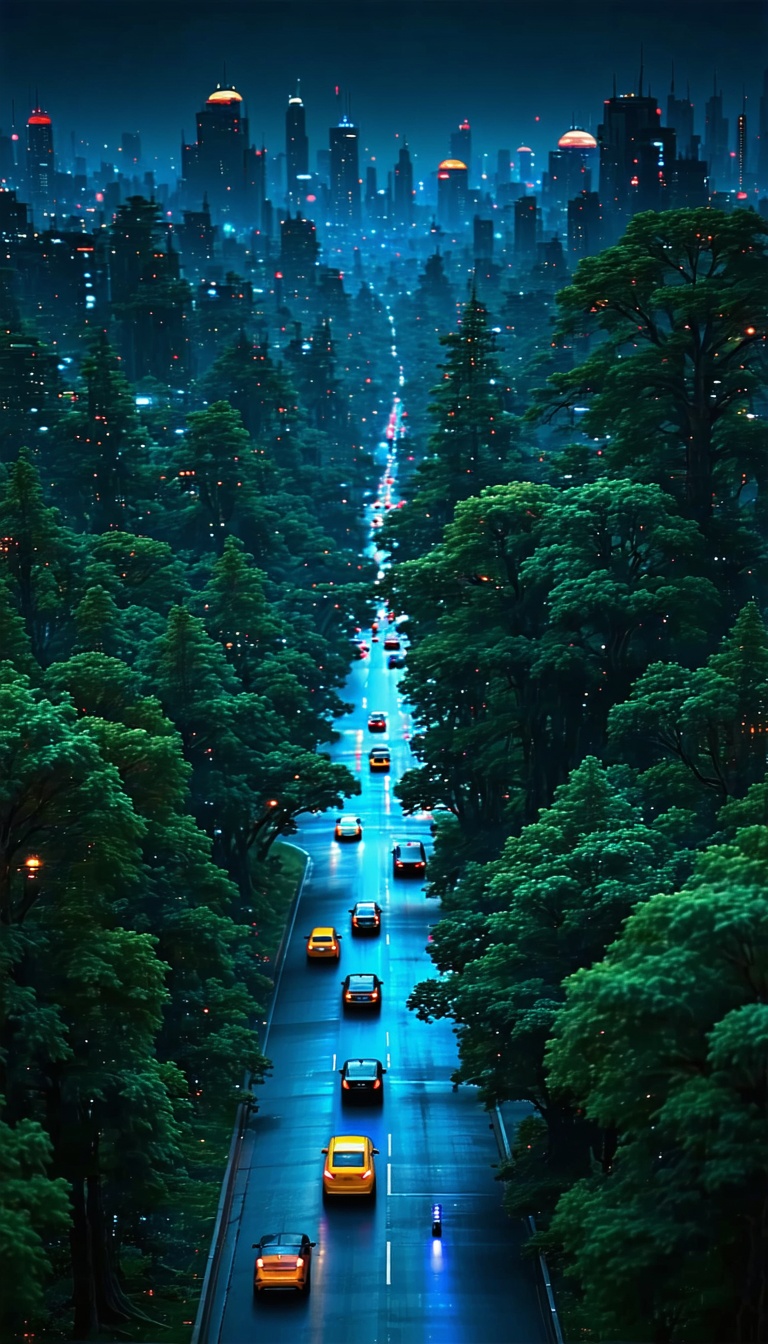 밤 도시와 숲속 도로, 도시풍경, 야경, 숲, 도로, 자동차, 디지털아트