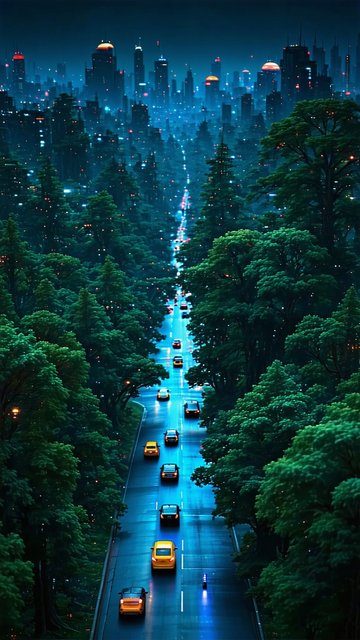 밤 도시와 숲속 도로