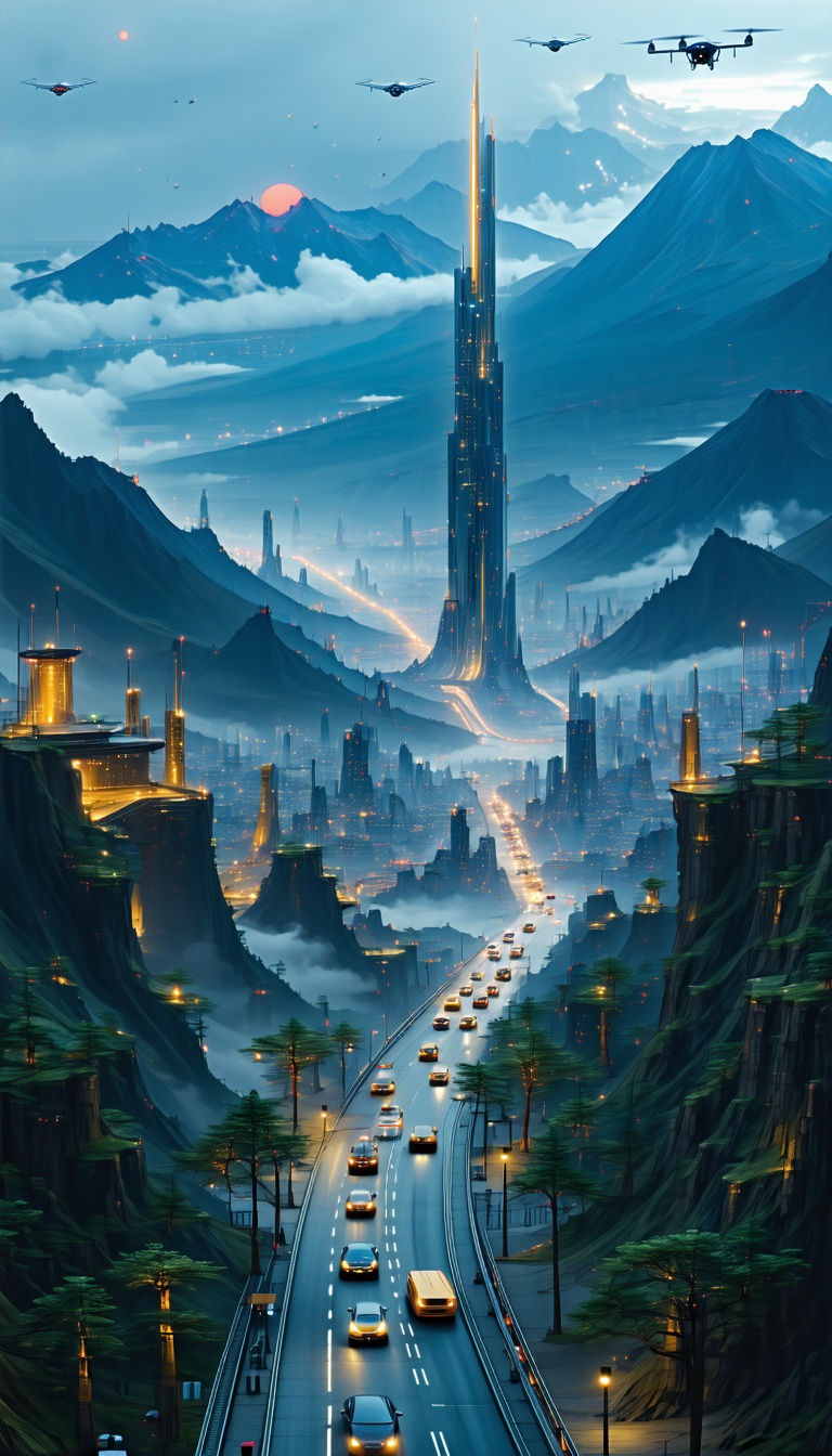 미래 도시의 야경, 미래도시, 야경, 산악, 고층빌딩, 고속도로, 드론