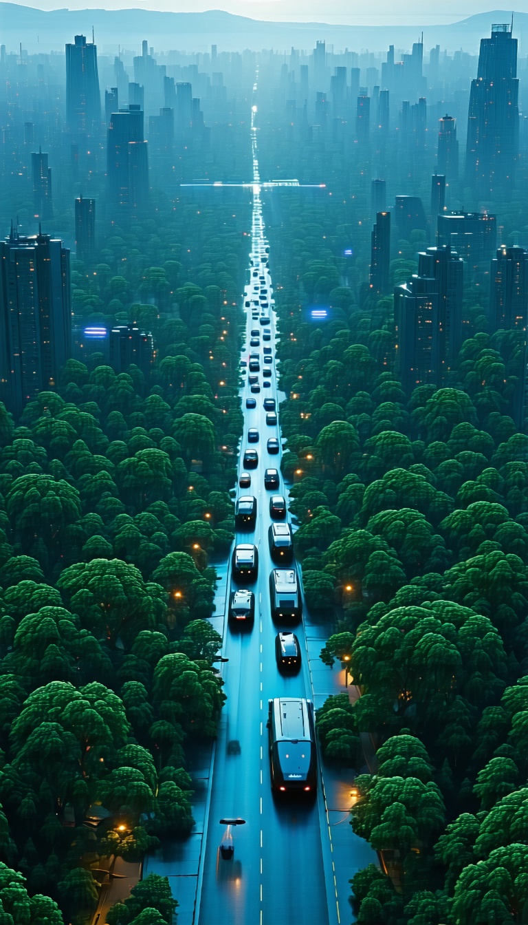 미래 도시의 숲길 도로, 미래도시, 도로, 자동차, 숲, 자연, 도시경관