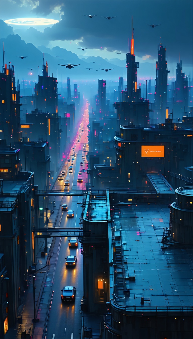 미래 도시 야경, 미래도시, 야경, 비행선, 디지털아트, Sci-fi, 도시풍경