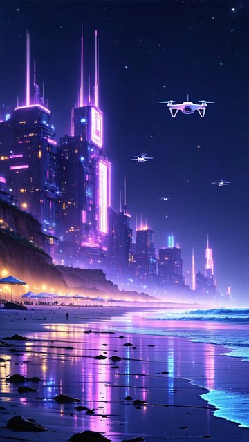 밤의 미래도시 해변