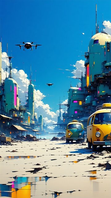 미래 도시 풍경과 드론