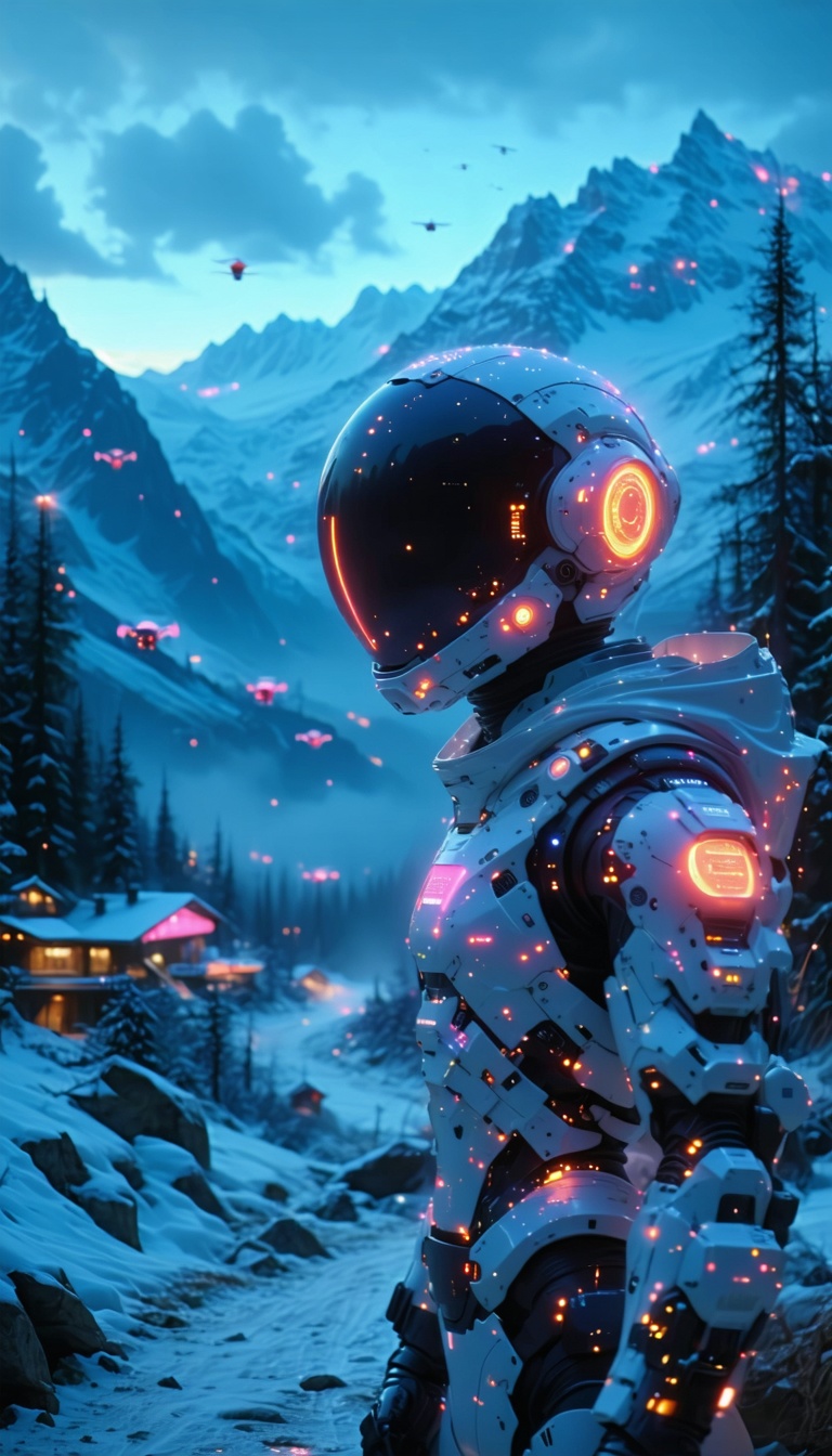 미래의 설산, 로봇과 드론, 로봇, 드론, 미래, SF, 설산, 겨울